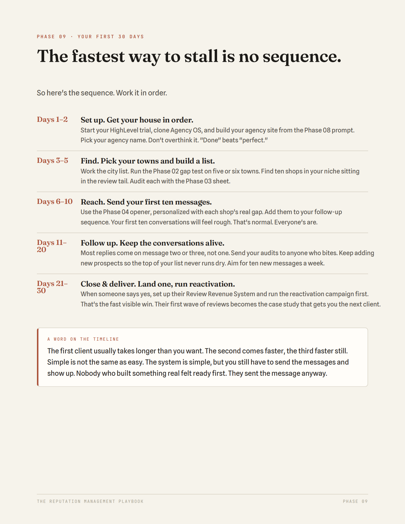 The fastest way to stall is no sequence — a page from The First Client Playbook